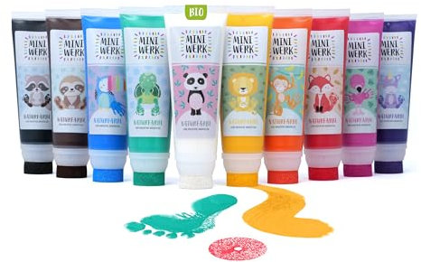 Miniwerk Naturfarbe 10er Set mit Schwammaufsatz - 10 Bio Malfarben aus natürlichen Rohstoffen, schadstofffrei wie Fingerfarbe - Baby Handabdruck Set, Fußabdruck Baby