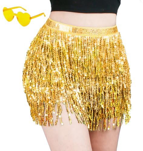 Pailletten Rock, Pailettenrock für Damen Gläser Set, Glitzerrock + Gläser, Quasten Glitzer Rock, Mini Rock für Damen und Mädchen, Gelb Bauchtanz Lateintanz Hula-Performance Kostüm, Steampunk Stil