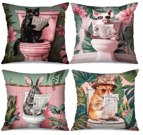 Tucocoo Schwarze Katzen-Überwurf-Kissenbezüge, cooles Schwein, Sonnenbrille, Kaninchen, lesen Zeitung, Kissenbezug, orangefarbene Katzen auf Toilette, 4er-Set, Cartoon-Design, Couch, Sofa, Büro,