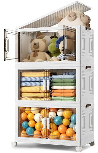 BTGGG 3er Pack Aufbewahrungsbox mit Deckel 54L*3 Stapelbare Aufbewahrungsboxen Kunstoffboxen Klappbox Plastikbox mit Deckel, Faltbare Aufbewahrungsbehälter Aufbewahrungsboxen mit Türen und Rollen