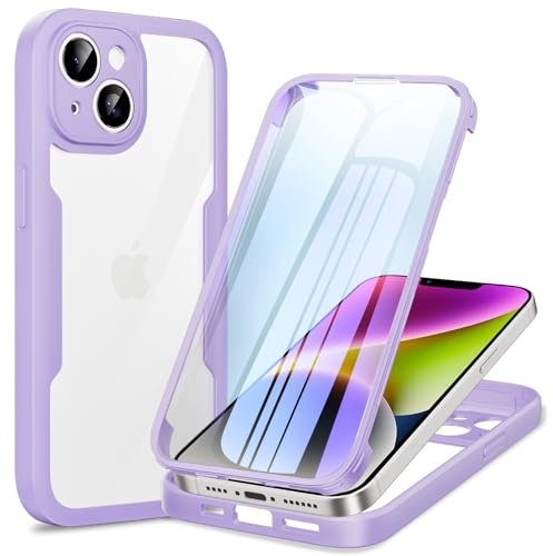 Phoona für iPhone 14 Hülle, 360 Grad Robust Stoßfest Schutzhülle mit Eingebautem Displayschutz, Case Transparent Panzerhülle Handyhülle für iPhone 14, Lila