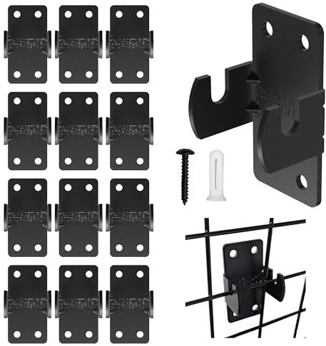 Grid Wall Hooks- 12 Pack Advanced Gridwall Mount Brackets with Reinforced Double Hook Design for Maximum Stability- Wall Mounting Hooks for Grid Wall Panel Display- Black Grid Panel Hooks