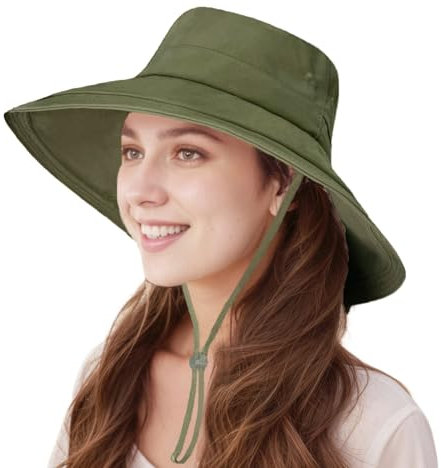 lifwimner Sun Hats for Women Wide Brim UV Protection, Foldable Ponytail Summer Hats Cap Waterproof Breathable Safari Bucket Hats for Beach Garden Fishing (Green)