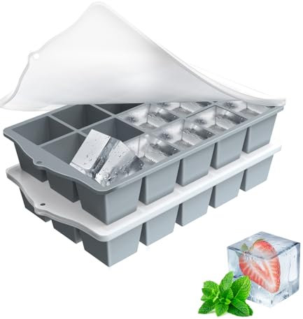 ZUIMENG Cubiteras para Hielo con Tapa, Cubitera Hielo Grande Silicona Hielera sin BPA, Apilables Cubitos de Hielo para Cócteles, Whisky, Vino, Puré de Frutas (Gris, 2 Piezas)