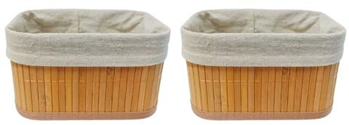 Acan Tradineur - Pack de 2 cestas rectangulares de bambú, incluyen forro interior de tela extraíble y lavable, ligeras, organización del hogar (Color natural - 20 x 14 x 10,2 cm)