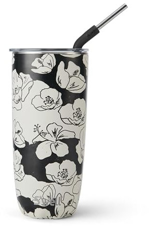S'well Stainless Steel Tumbler with Straw and Slide-Open Lid, 700ml, Charcoal Bloom, Triple Layered Vacuum Insulated Containers Keeps Drinks Cold for 18 Hours and Hot for 5, BPA Free