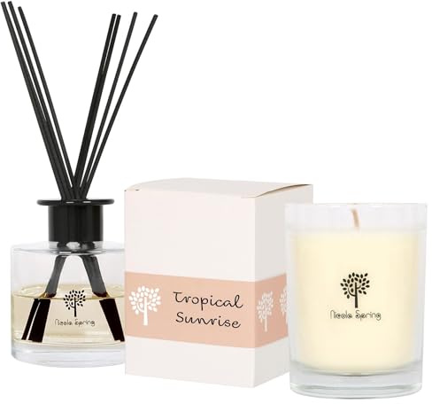 Nicola Spring Soy Wax Scented Candle & Reed Diffuser Set – Tropical Sunrise Fragrance – 160g Candle 28 Hour Burn & 200ml Diffuser 60 Day Scent – Luxury Eco-Friendly Home Fragrance Gift Set