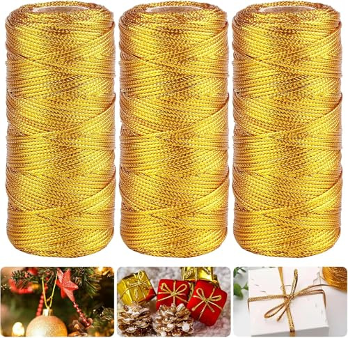 Gold Metallic Kordel, 3 Rolle Gold Kordelband, 100mx1.5mm Metallic Schnur Goldfaden, Nicht Elastisch Kordelband Schnur, Goldfaden DIY Bastelschnur Für Kunsthandwerk Geschenkverpackung