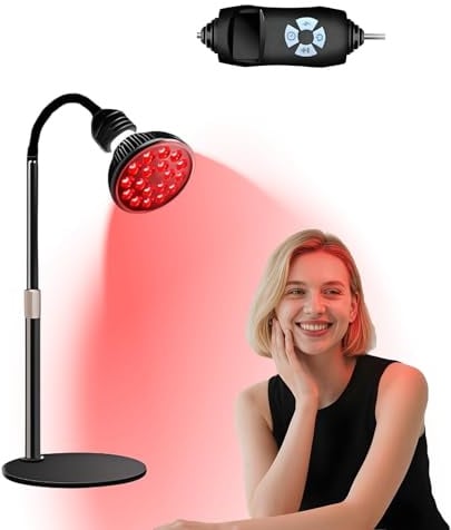 ‌Warmforwel Rotlichttherapielampe mit Nahinfrarot 660 nm/850 nm, 18 LEDs 54 W, Timer, 5 Helligkeitsstufen, Sockel und Schutzbrille für die Muskelregeneration von Gesicht, Rücken, Nacken und Körper