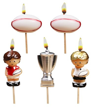 Smiling Faces Rugby-Themed 3D Cake Candles Set, 5-Piece Birthday Cake Topper with Trophy, 8 cm Height, Multi-Coloured
