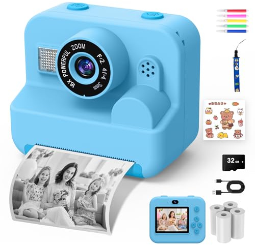 Fotocamera istantanea per bambini – Fotocamera selfie per bambini 1080P 2,4 con carta da stampa e carta da 32 GB, giocattolo regalo di Natale per ragazzi e ragazze dai 3 ai 12 anni (blu)
