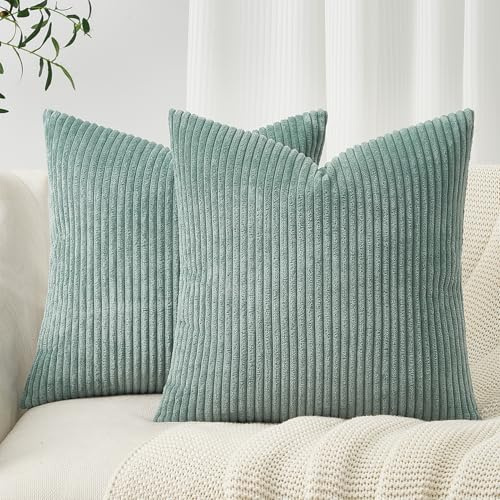 Topfinel Kissenbezug 50x50 Hellgrün Kordsamt 2er Set Gestreiftes Muster Kissenbezüge Kissenhülle Dekokissen Sofakissen Couchkissen Dekokissen Zierkisse