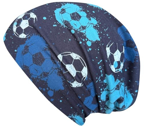 Wollhuhn Kinder Beanie – Zweilagige Longbeanie aus Jersey, wendbar & weich – mit Grauer Innenseite – Handmade in Deutschland – ganzjährig tragbar (Fußball Blautöne, L, 56-58)