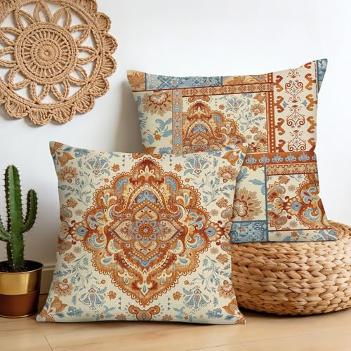 Bonhause Kissenbezüge Vintage Boho 45 x 45 cm Doppelseitig Böhmisch Florale Orange Polyester Leinen Dekorative Kissenhülle Zierkissenbezüge für Sofa Schlafzimmer Zuhause Dekoration 2er Set