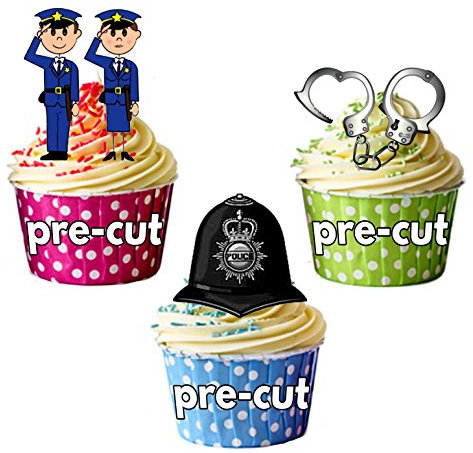AK Giftshop PRE-CUT Cartoon Police Helmet Handcuffs Mix - Edible Cupcake Toppers/Cake Decorations (Pack of 12)