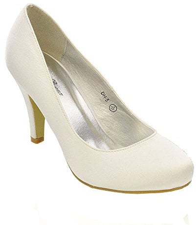Womens Wedding MID Heel Ladies Bridal White Ivory Party Prom Heels Court Shoes Size 3 4 5 6 7 8 (UK 3 / EU 36 / US 5, White Satin)