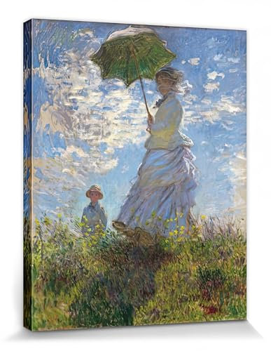 1art1 Claude Monet Poster Impression sur Toile Femme avec Ombrelle, Madame Monet avec Leur Fils, 1875 Affiche Murale XXL Encadrée | Tendue sur Cadre en Bois | Tableau 50x40 cm