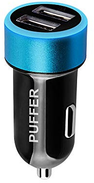 PUFFER Car Charger, Compact Dual USB 24W Fast Charging Compatible Adapter with Blue LED, for iPhone 15/14/13/12/XR/XS, iPad, Samsung Galaxy, LG – 12V Cigarette Lighter Socket