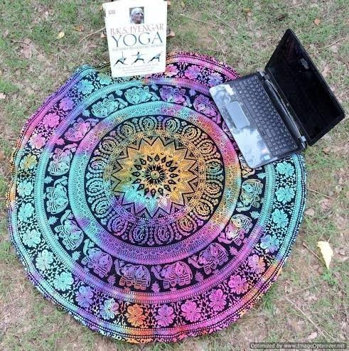 Sophia-Art Indisches Mandala-Motiv, rund, Strandtuch, Hippie-/Boho-Stil, Baumwolle, Lotusblüte, rund, Baumwolle, für den Außenbereich, Strandtuch (Batik-Elefant)