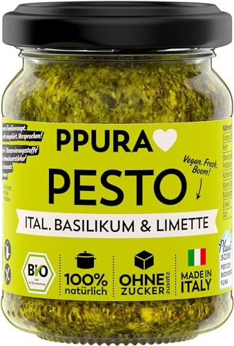 PPURA Bio Pesto Ital. Basilikum & Limette | Grünes Pesto Vegan mit Basilikum, Limette, Cashew & Nat. Olivenöl Extra | Vegane Nudel-Soße Made in Italy | 100% Natürlich Ohne Zusatzstoffe | 120g Glas
