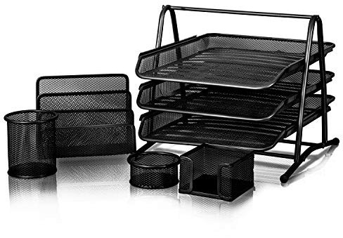 KAV Premium Mesh Office Set of 5 PCS - 2/3 Tier Letter/Filing/Paper Tray, Letter Rack, Pen Pot, Clips & Memo Pad Holder (Black, 3 tier 5 pcs)