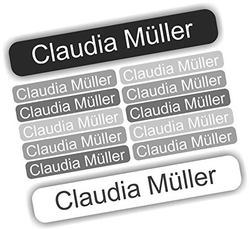 INDIGOS UG - Namensaufkleber Kinder Schule - 54 Namensschilder selbstklebend Mini - schwarz/weiß - 40x6mm - Aufkleber selbst gestalten - personalisiert mit Wunschtext - für Kindergarten, Sport