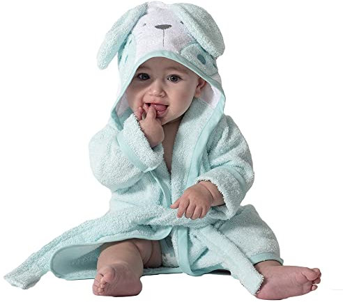 Ti TIN, PeigNoir de bain pour Enfant, Taille 3 à 9 mois, Sortie de bain Douce, Confortable et Absorbante - 90% coton, 10% polyester - Tissu Éponge - Motif Lapin - Couleur Bleu Turquoise