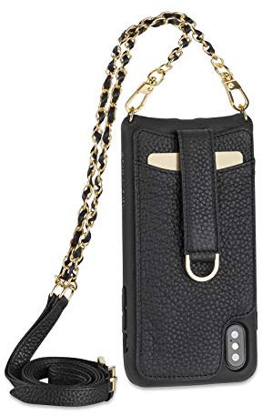 Vaultskin VICTORIA Crossbody Wallet Case, Lanyard with Card Holder (Black - Chain & Leather Strap, for iPhone XS Max)