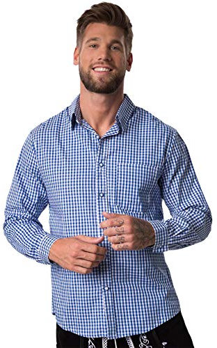 dressforfun 900604 Herren Trachtenhemd, Langarmhemd mit Knopfleiste & Brusttasche, blau weiß kariert - Diverse Größen - (M| Nr. 303006)