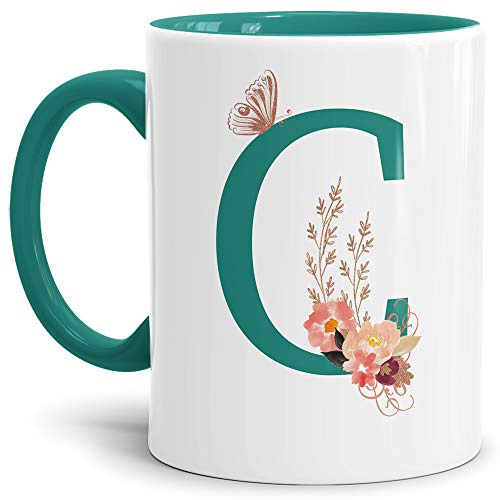 Buchstaben-Tasse mit Blumen - Buchstabe C - Innen & Henkel Türkis - Mug/Cup/Becher/Edel/Geschenk-Idee/Beste Qualität - 25 Jahre Erfahrung