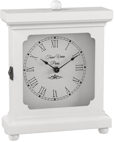 Tasse Verre Weiße Uhr für Regal, Tisch oder Schreibtisch, 22,9 x 17,8 cm, Bauernhaus-Dekor, Holz, mechanisch, leise, leise, Büro, Schlafzimmer, Kamin, Wohnzimmer, Familienzimmer AA-Batteriebetrieben,