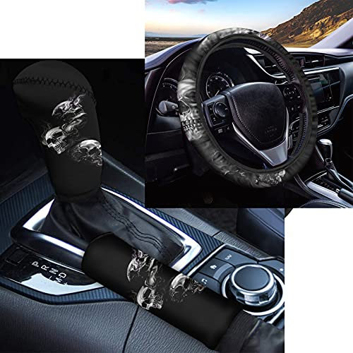 Biyejit Lenkradbezug mit Totenkopf-Motiv, für Damen, universelle Passform, 35,6 - 38,1 cm, mit Handbremsabdeckung, Schaltung, Auto-Dekoration