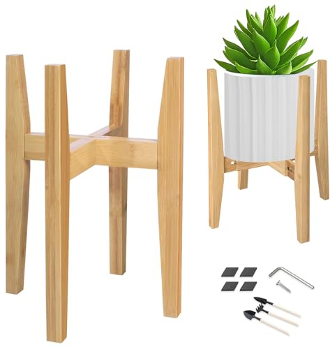OERGKE Soporte ajustable para plantas de interior, soportes de bambú modernos de mediados de siglo, soporte de flores de esquina para sala de estar, se adapta a macetas de 8 a 12 pulgadas, (maceta y
