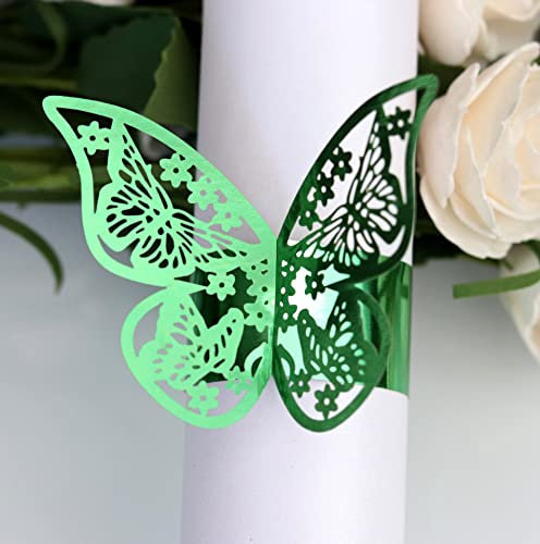 Duories 100 Stück Schmetterlings Papier Serviettenringe als Tischdeko,Serviettenhalter Serviettenschnallen für Hochzeitsfeier Abendessen Jubiläum Geburtstag Party Weihnachten Tischdekoration,Grün A