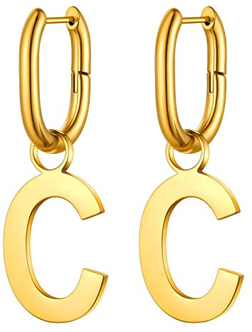FOCALOOK 316L Edelstahl Ohrhänger mit Buchstabe C in Gold, Große Ohrringe Ohrstecker mit Anhängern, Hängende Ohrringe für Geliebte/Freundin/Tochter zum Geburtstag/Valentinstag/Weihnachten
