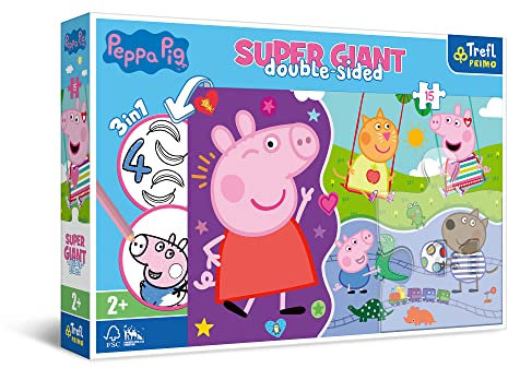 Trefl Primo - Peppa Wutz, Triff die lustige Peppa Wutz - 3 in 1: EIN Puzzle mit 15 sehr großen Teilen, Ausmalbuch, Ausmalspiel, Ausmalpuzzle mit Märchenfiguren, Spaß für Kinder ab 2 Jahren