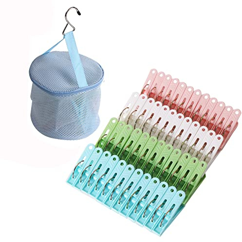 48 Pack Plastic Clothes Pins Heavy Duty Outdoor for Hanging Clothes, Colored Clothespins Clips with Springs Clothes Drying Line Pegs with Mesh Clothes pin Bag，Crafts Picture Clips Food Package Clips