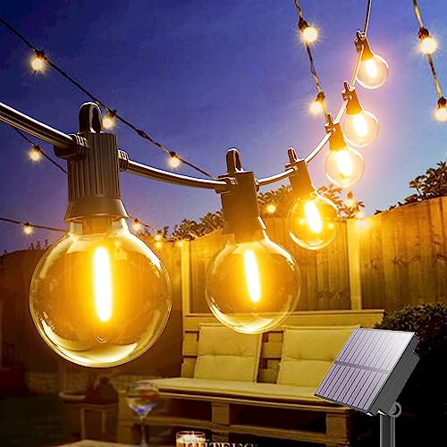 Festoon String Lights Solar Powered 50FT/15M Waterproof Garden String Lighting Shatterproof Outdoor Vintage Bulbs Lights with 25+2 LED Bulbs Warm White for Backyard Porch Patio Pergola Wedding Decor