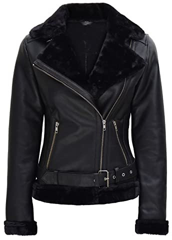 Blingsoul Damen-Leder-Sherpa-Jacke – Winterjacken aus echtem Leder für Damen, Agns - Schwarze Lederjacke, S