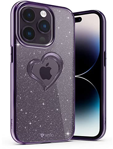 VENA vLove Glitter Clear Case Compatible With Apple iPhone 14 Pro (6.1-inch), Heart Shape (Magsafe Compatible) Dual Layer Slim Hybrid Clear Bumper Case Cover - Purple with Glitter