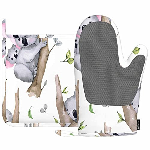 Mxocom Niedliche Koalas Ofenhandschuhe und Topflappen-Sets, Kawaii, Baby, Koala, Mutter, Koala, tropische Blätter, Silikon, hitzebeständig, Küche, Ofenhandschuhe, Topflappen zum Kochen