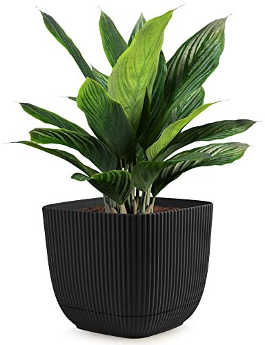 Konzept 11 - Blumentopf klein 1,8 l mit Unterzetzer, quadratischer Übertopf 15 x 15 cm, Pflanzentopf für Zimmerpflanzen aus Kunststoff, Grau