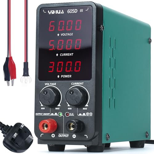 YIHUA 605D-III Adjustable DC Bench Power Supply 0.00-60V 0.000-5A Adjustable DC Power Supply with Crocodile Clips, Auto CC/CV Mode for Electronics, Repair, Electroplating, Engineering Education