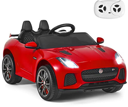 GYMAX Kids Ride on Car, 12V Battery Powered Licensed Jaguar F-Type SVR Toy Car with Remote Control, Music, Lights, USB/MP3/TF, Slow Start & Safety Belt, Children Electric Vehicle for Boys Girls (Red)
