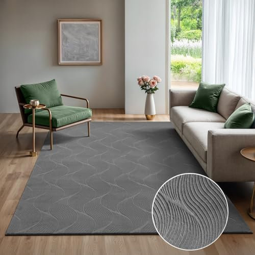 the carpet Rio - moderner und weicher Teppich Wohnzimmer Schlafzimmer mit Anti-Rutsch-Rücken und 3D-Optik, Flauschige Oberfläche, pflegeleicht und robust, Anthrazit, 140 x 200 cm