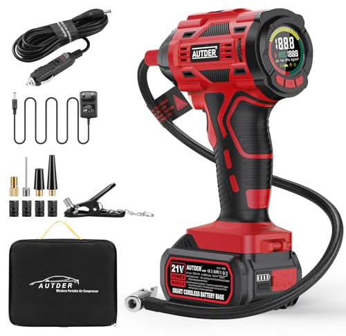 AUTDER Compressore d'Aria Portatile, Gonfiatore Senza Fili 180 PSI con Due Fonti di Alimentazione, Batteria 21V / 12V DC, Manometro Digitale, Spegnimento Automatico, Perfetto per Viaggi (Rosso)