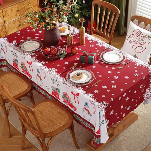OWill Weihnachtstischdecke 150x220 cm,abwaschbare Tischdecke Weihnachten Rot mit Schneemann, Weihnachtsdeko Tischdecke für Festtafel und Partydekoration