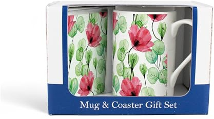 Purely Home Red Floral Mug & Coaster Gift Set - Glass Flowers Poppies Bone China Mug and Glass Coaster Set - Tea/Coffee Present