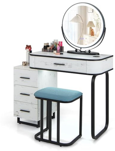 COSTWAY Dressing Table and Stool Set with 3-Color LED Lights Swivel Mirror, Charging Station, Drawers Cabinet and Human Body Induction, Bedroom Dresser Cosmetics Makeup Vanity Table Set (White)