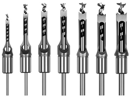 Square Hole Drill Bit Sets, Woodworking HSS Wood Mortising Chisel Countersink Bits Hole Mortise Drill Bit Set for Carpenter, 6.4mm/8mm/9.5mm/10mm/11mm/12.7mm/14mm/16mm (7PCS)